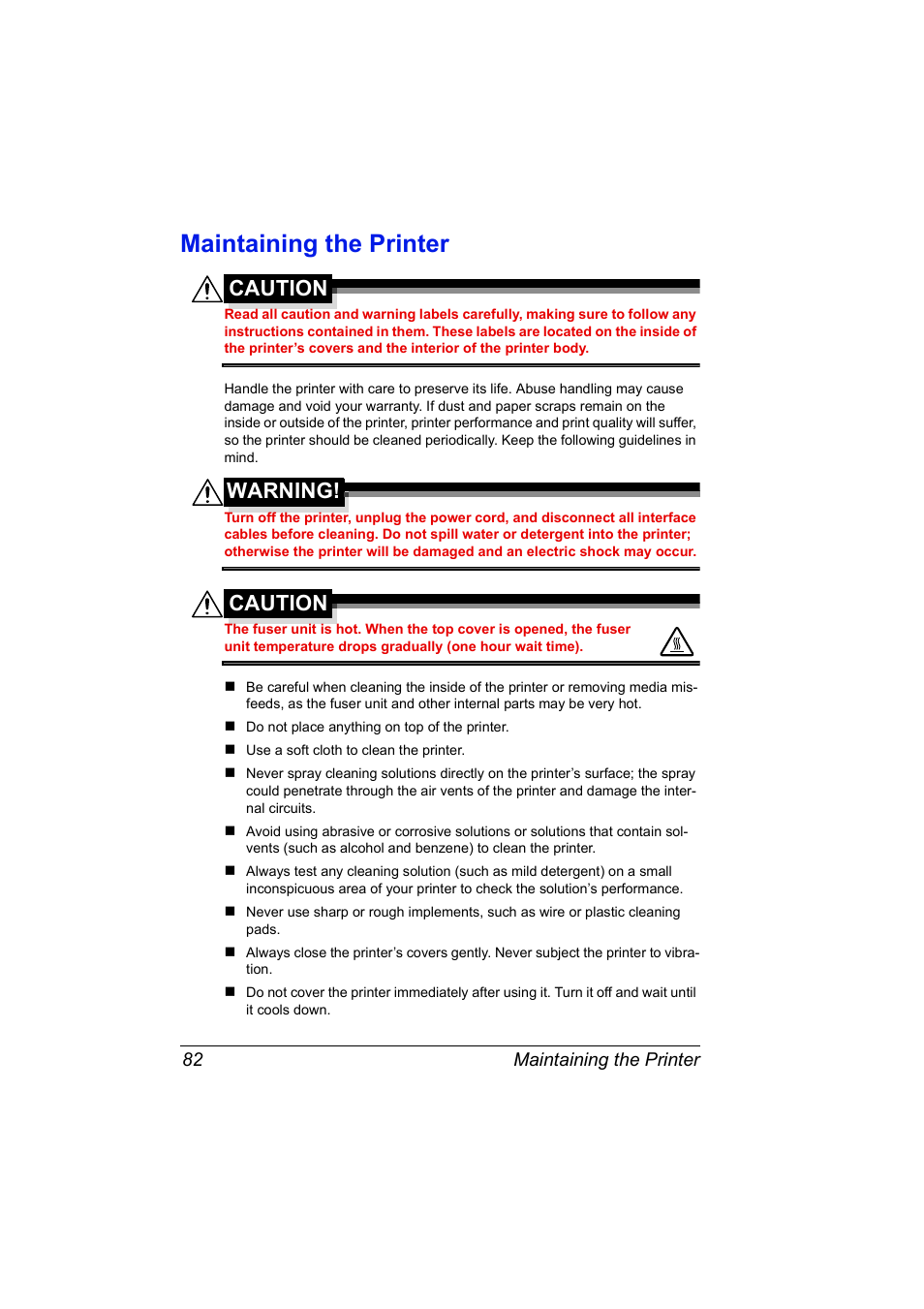 Maintaining the printer, Maintaining the printer 82, Caution | Warning | Konica Minolta magicolor 2530 DL User Manual | Page 90 / 154