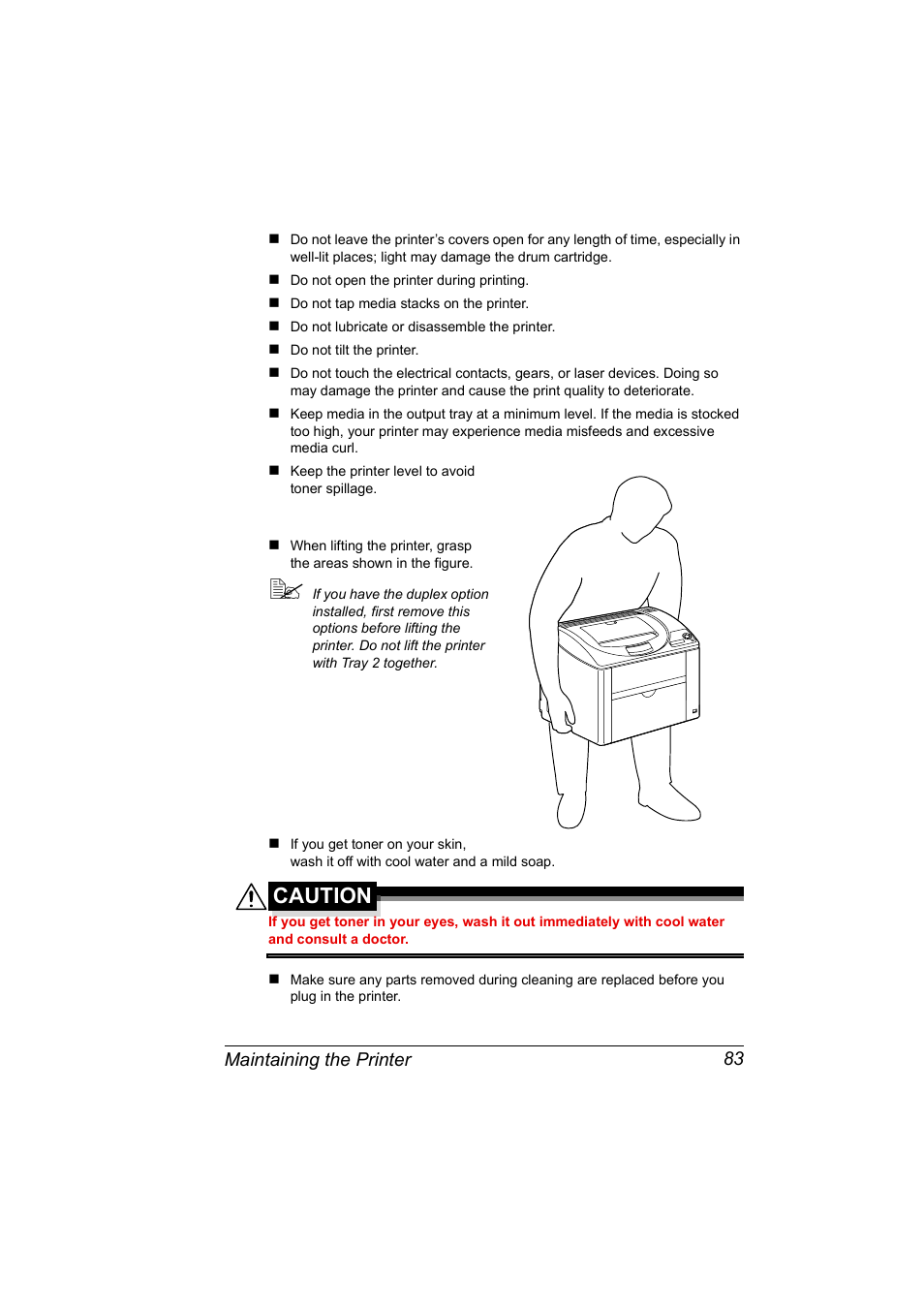 Caution, Maintaining the printer 83 | Konica Minolta magicolor 2530 DL User Manual | Page 91 / 154