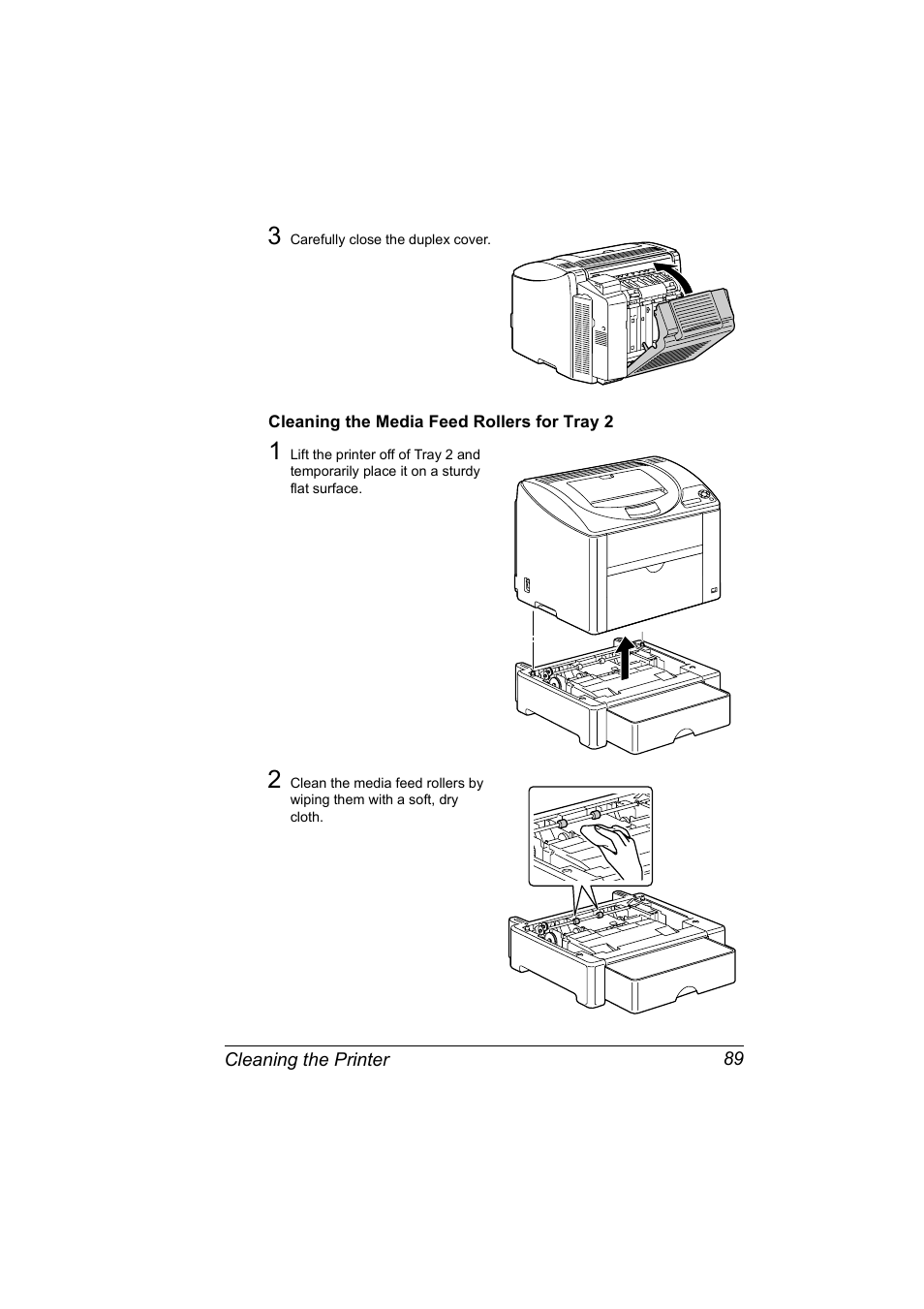 Cleaning the media feed rollers for tray 2, Cleaning the media feed rollers for tray 2 89 | Konica Minolta magicolor 2530 DL User Manual | Page 97 / 154