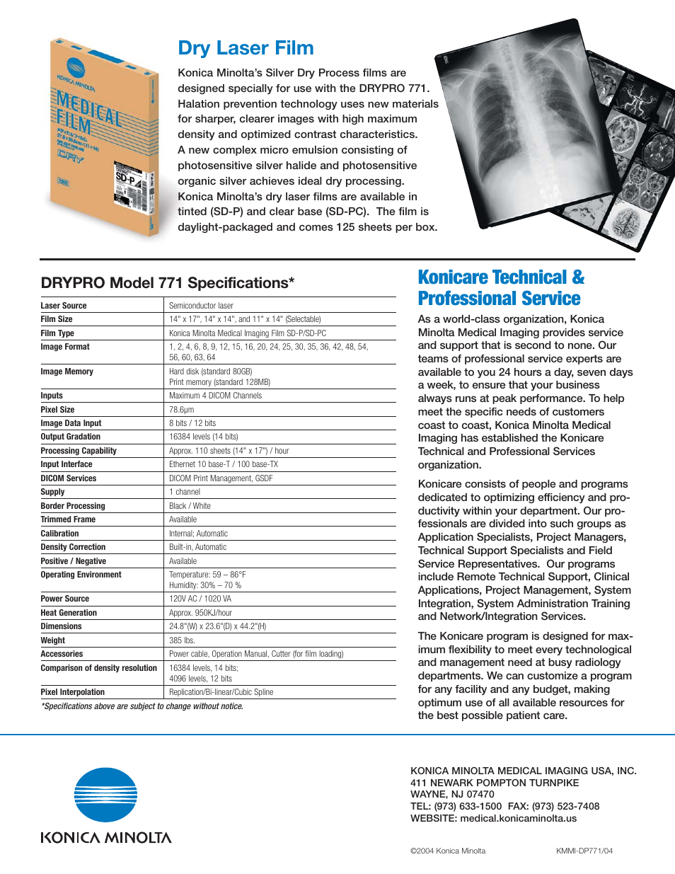 Konicare technical & professional service, Dry laser film, Drypro model 771 specifications | Konica Minolta Drypro 771 User Manual | Page 4 / 4