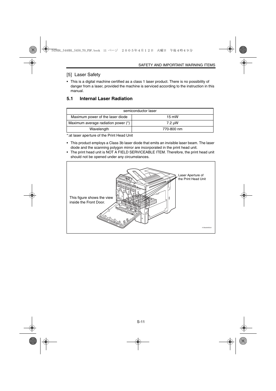 1 internal laser radiation | Konica Minolta 5430 DL 5440 DL 5450 User Manual | Page 12 / 193