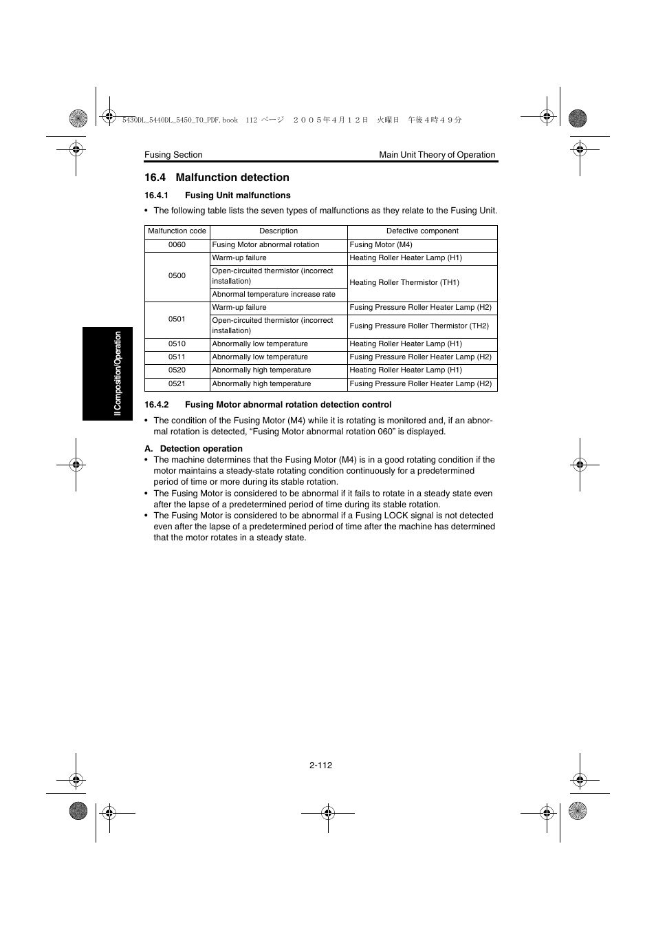 4 malfunction detection, 1 fusing unit malfunctions, 2 fusing motor abnormal rotation detection control | 4 malfunction detection -112, 1 fusing unit malfunctions -112 | Konica Minolta 5430 DL 5440 DL 5450 User Manual | Page 149 / 193