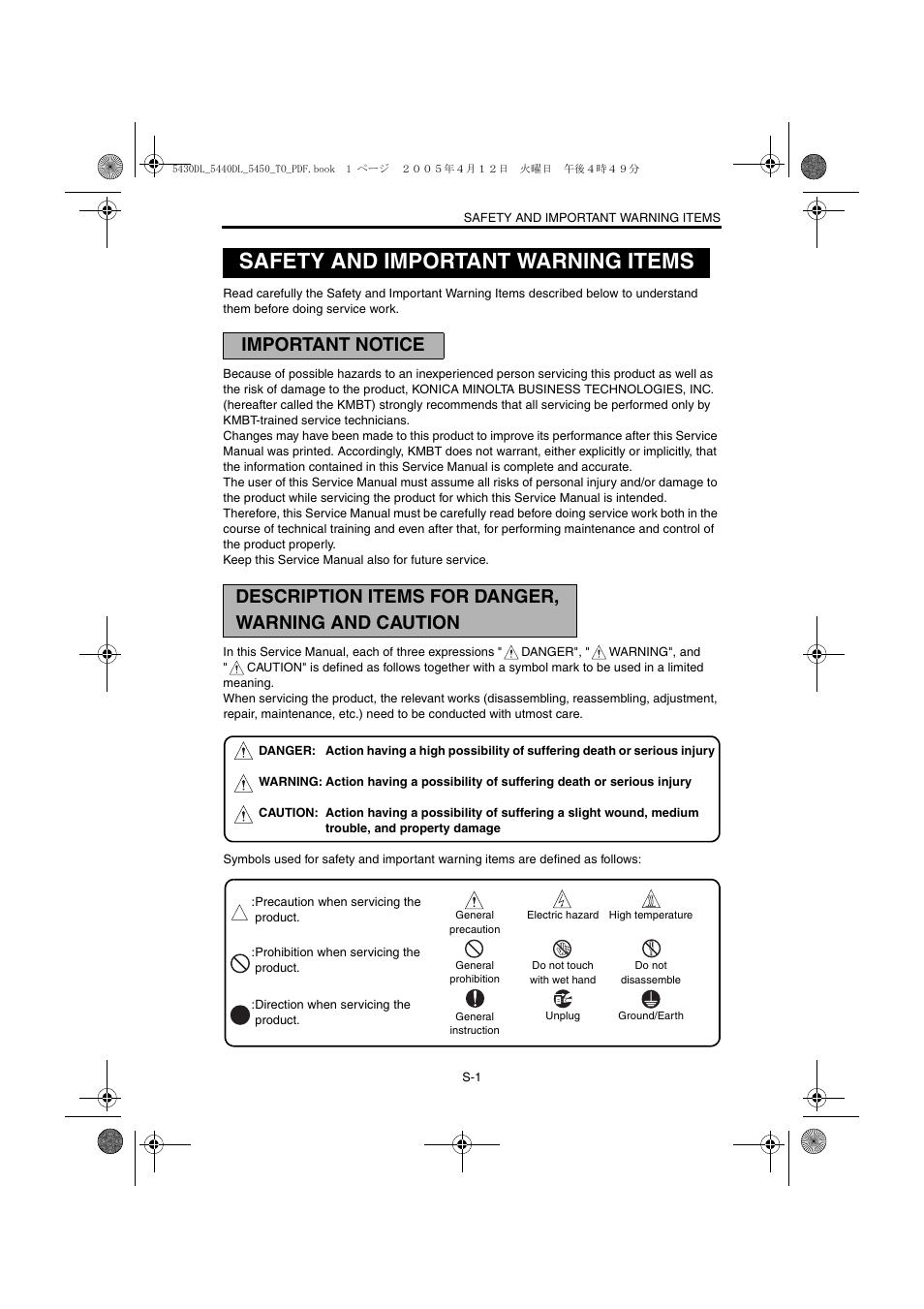 Safety and important warning items, Important notice | Konica Minolta 5430 DL 5440 DL 5450 User Manual | Page 2 / 193