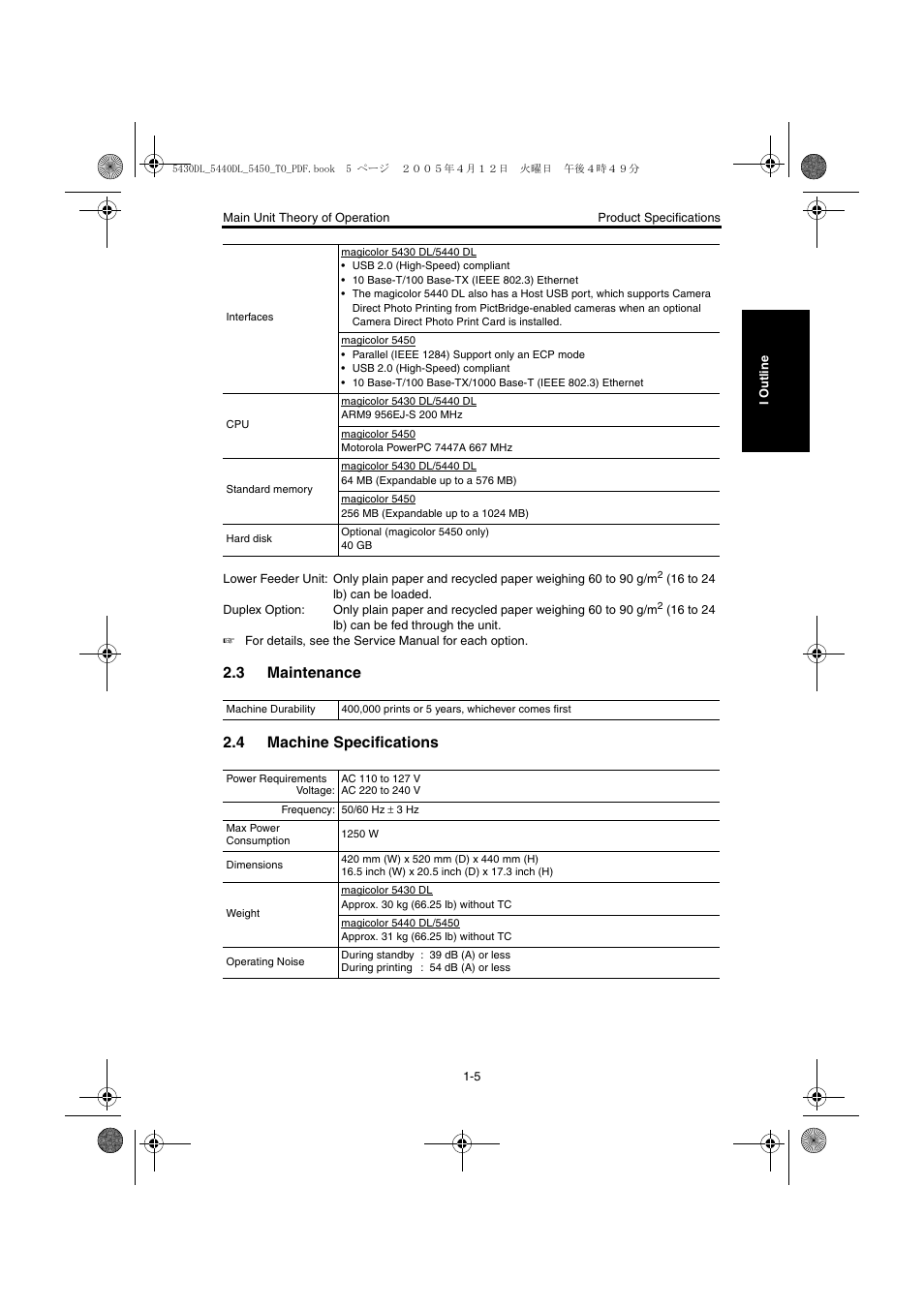 3 maintenance, 4 machine specifications, Maintenance -5 | Machine specifications -5 | Konica Minolta 5430 DL 5440 DL 5450 User Manual | Page 32 / 193
