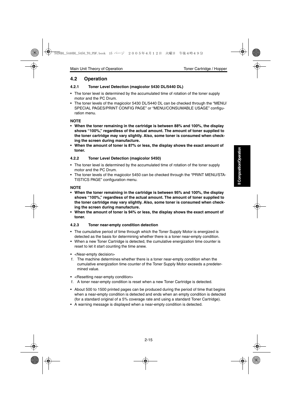 2 operation, 2 toner level detection (magicolor 5450), 3 toner near-empty condition detection | Operation -15, Toner level detection (magicolor 5450) -15, Toner near-empty condition detection -15 | Konica Minolta 5430 DL 5440 DL 5450 User Manual | Page 52 / 193