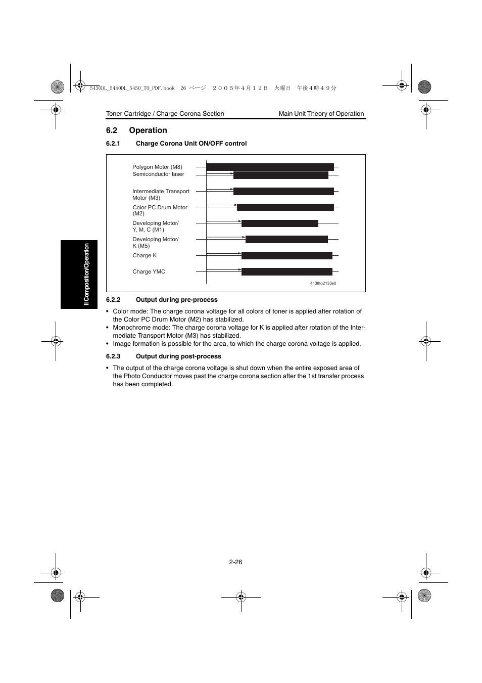 2 operation, 1 charge corona unit on/off control, 2 output during pre-process | 3 output during post-process, Operation -26, Charge corona unit on/off control -26, Output during pre-process -26, Output during post-process -26 | Konica Minolta 5430 DL 5440 DL 5450 User Manual | Page 63 / 193