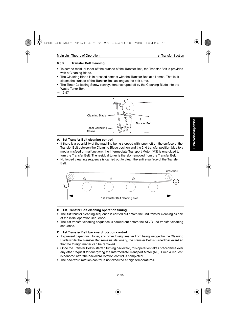 5 transfer belt cleaning, Transfer belt cleaning -45 | Konica Minolta 5430 DL 5440 DL 5450 User Manual | Page 82 / 193