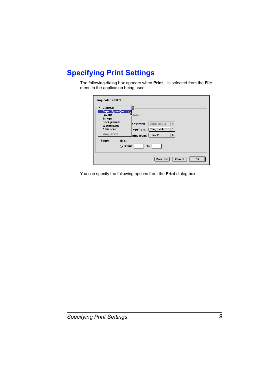 Specifying print settings | Konica Minolta 2430 DL User Manual | Page 11 / 26