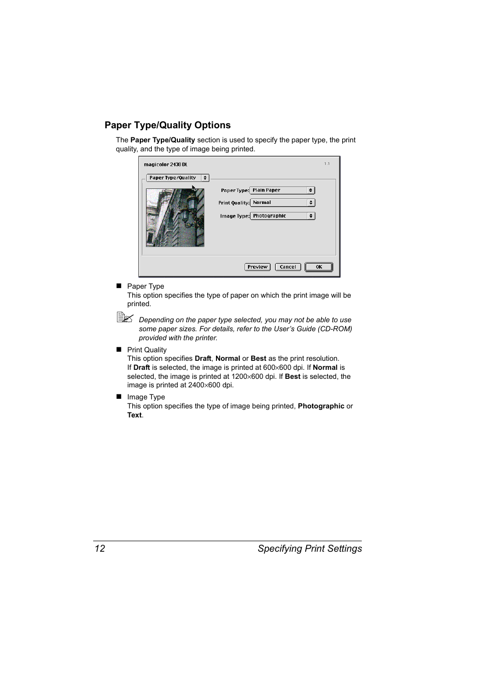 Paper type/quality options | Konica Minolta 2430 DL User Manual | Page 14 / 26