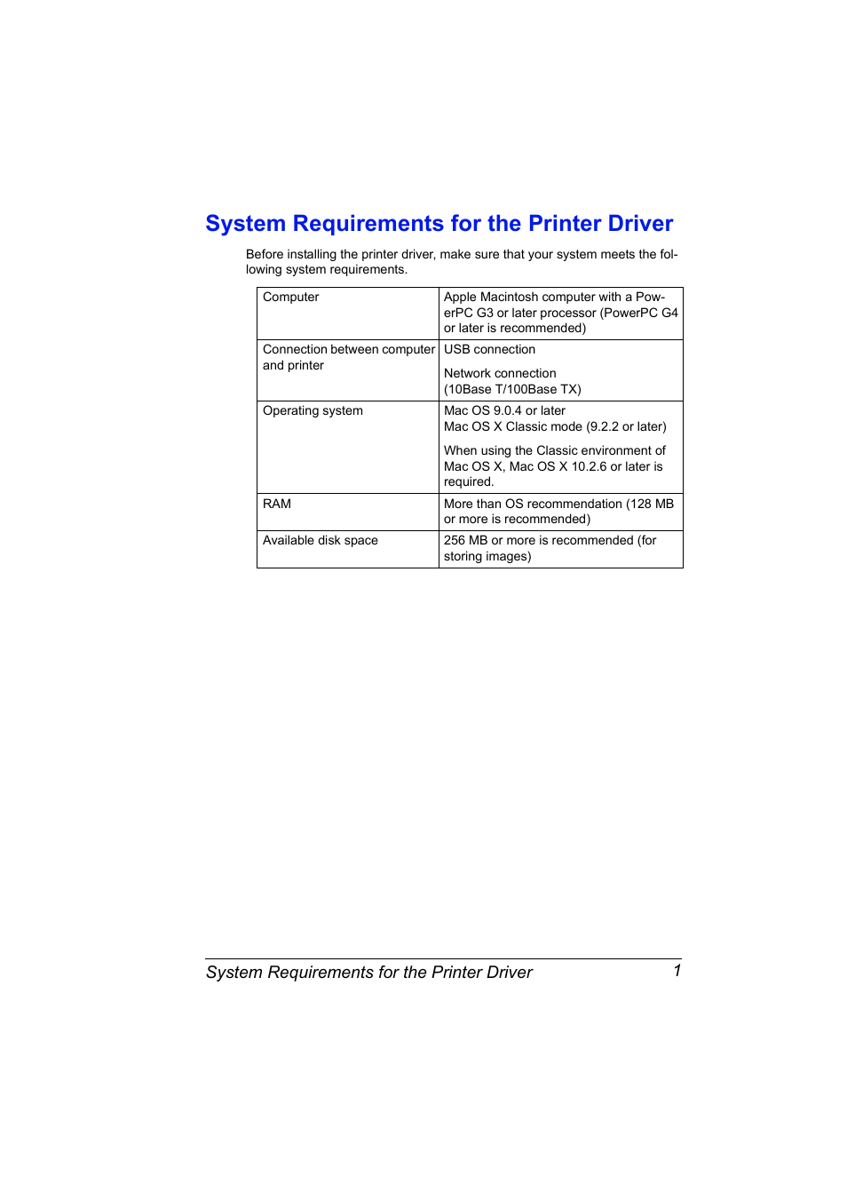 System requirements for the printer driver, System requirements for the printer driver 1 | Konica Minolta 2430 DL User Manual | Page 3 / 26