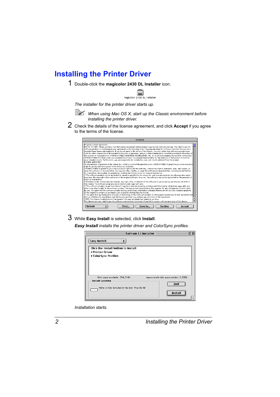 Installing the printer driver, Installing the printer driver 1 | Konica Minolta 2430 DL User Manual | Page 4 / 26