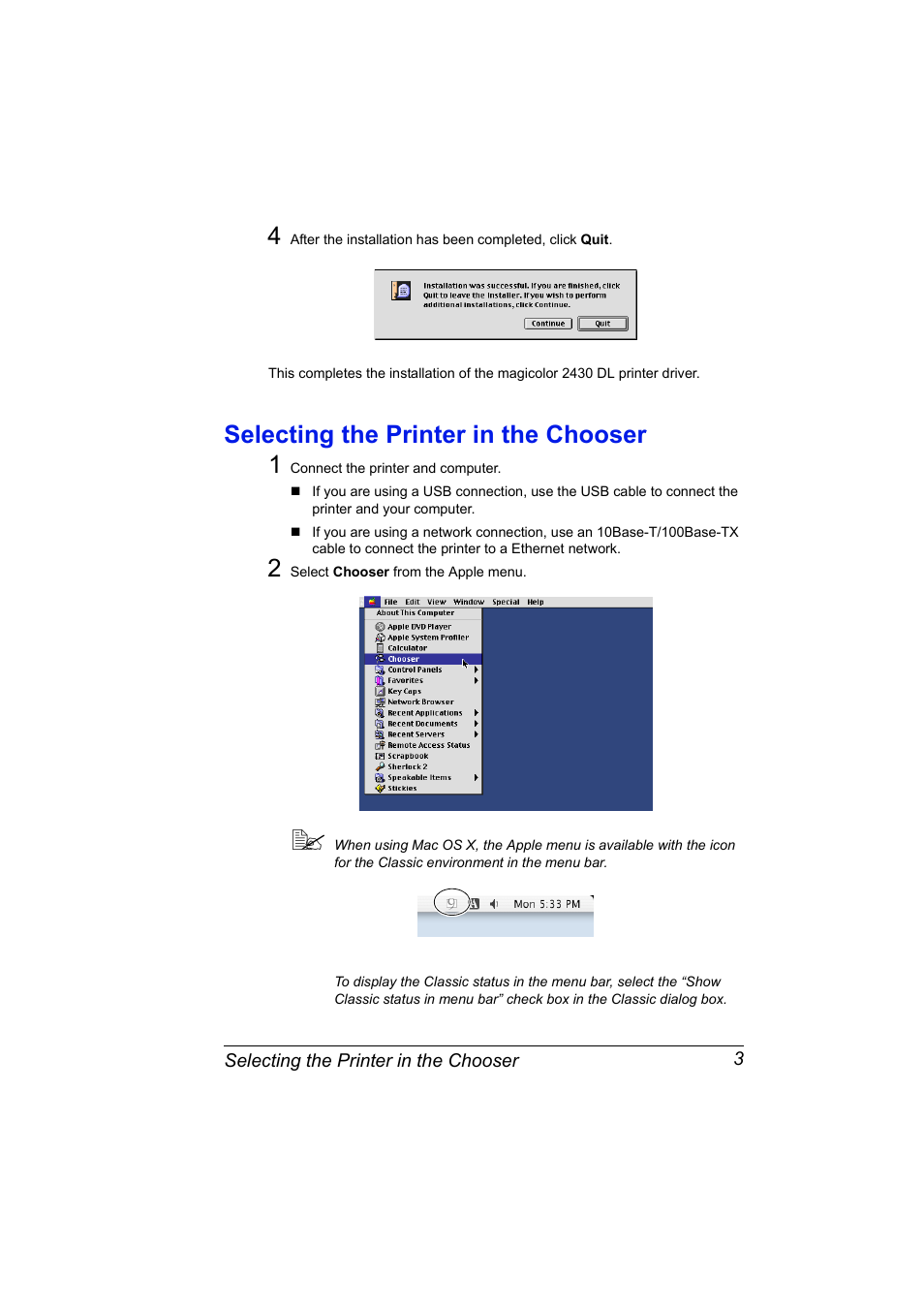 Selecting the printer in the chooser, Selecting the printer in the chooser 1 | Konica Minolta 2430 DL User Manual | Page 5 / 26