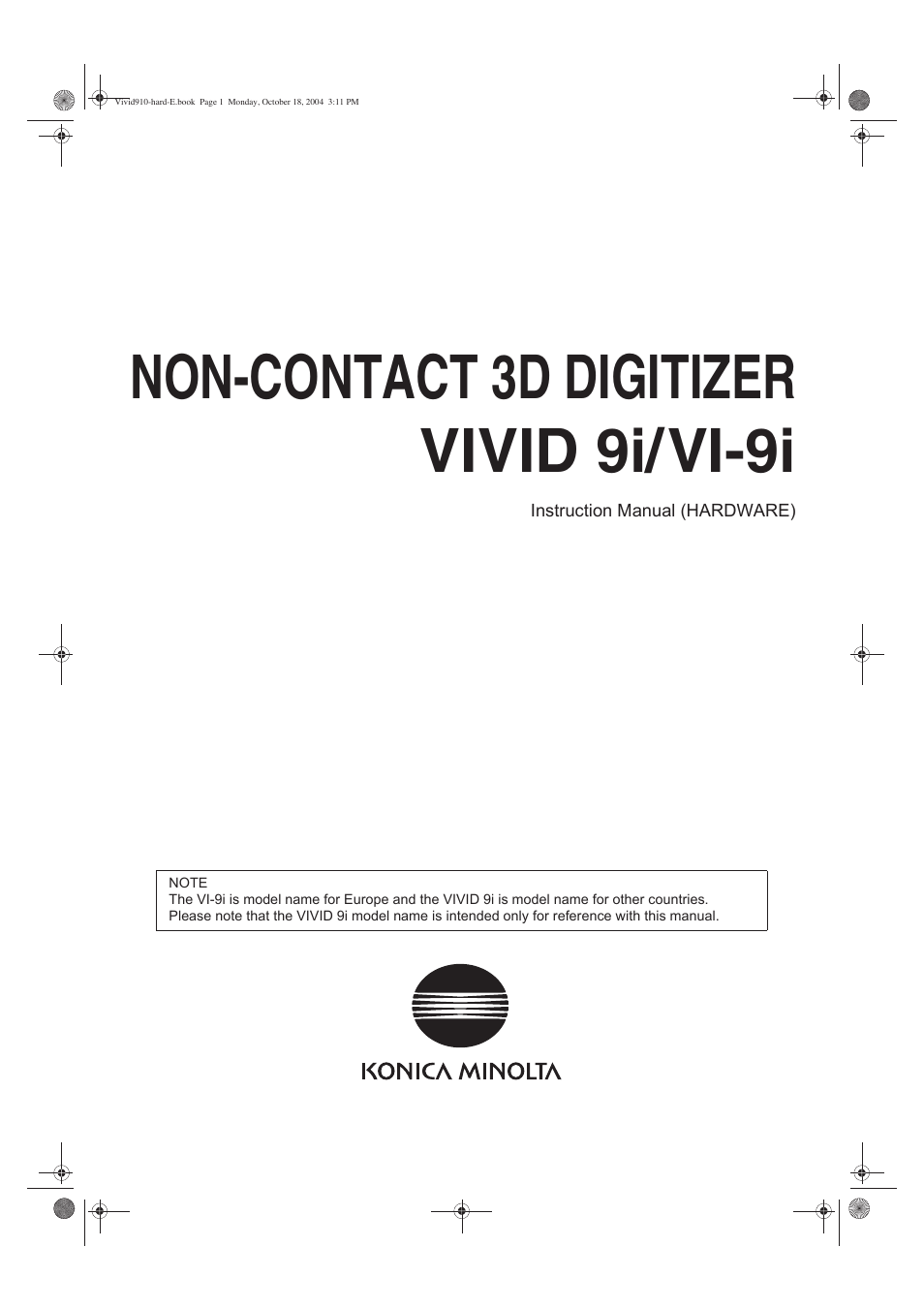 Konica Minolta NON-CONTACT 3D DIGITIZER VIVID 9i User Manual | 56 pages