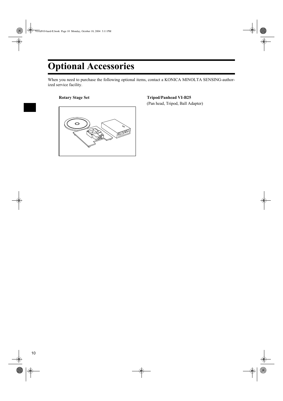 Optional accessories | Konica Minolta NON-CONTACT 3D DIGITIZER VIVID 9i User Manual | Page 12 / 56