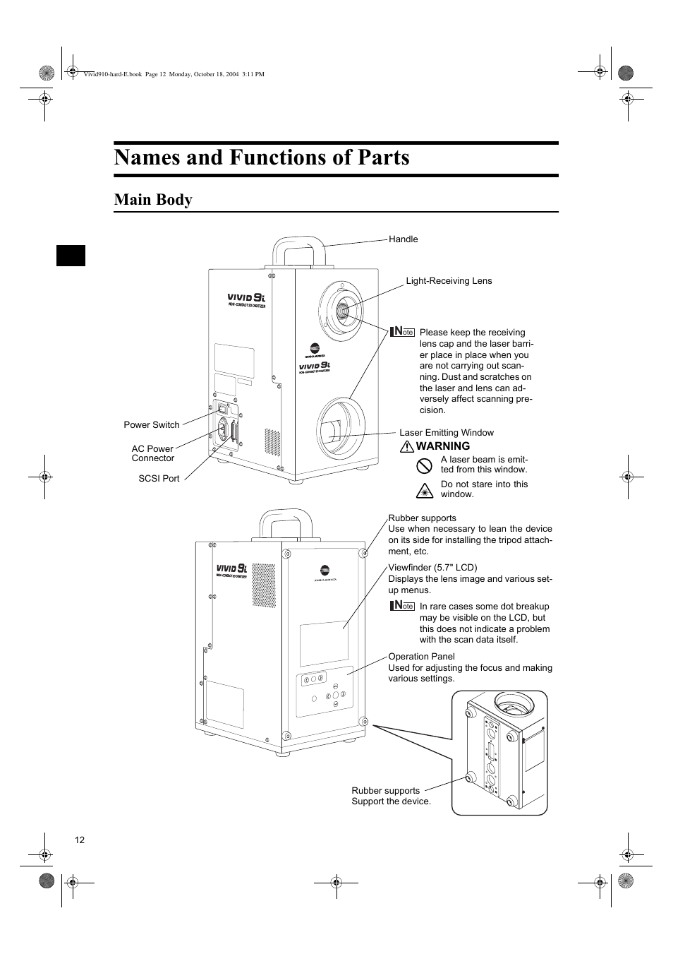Names and functions of parts, Main body | Konica Minolta NON-CONTACT 3D DIGITIZER VIVID 9i User Manual | Page 14 / 56