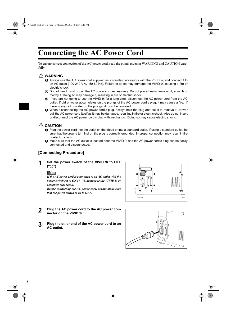 Connecting the ac power cord | Konica Minolta NON-CONTACT 3D DIGITIZER VIVID 9i User Manual | Page 18 / 56