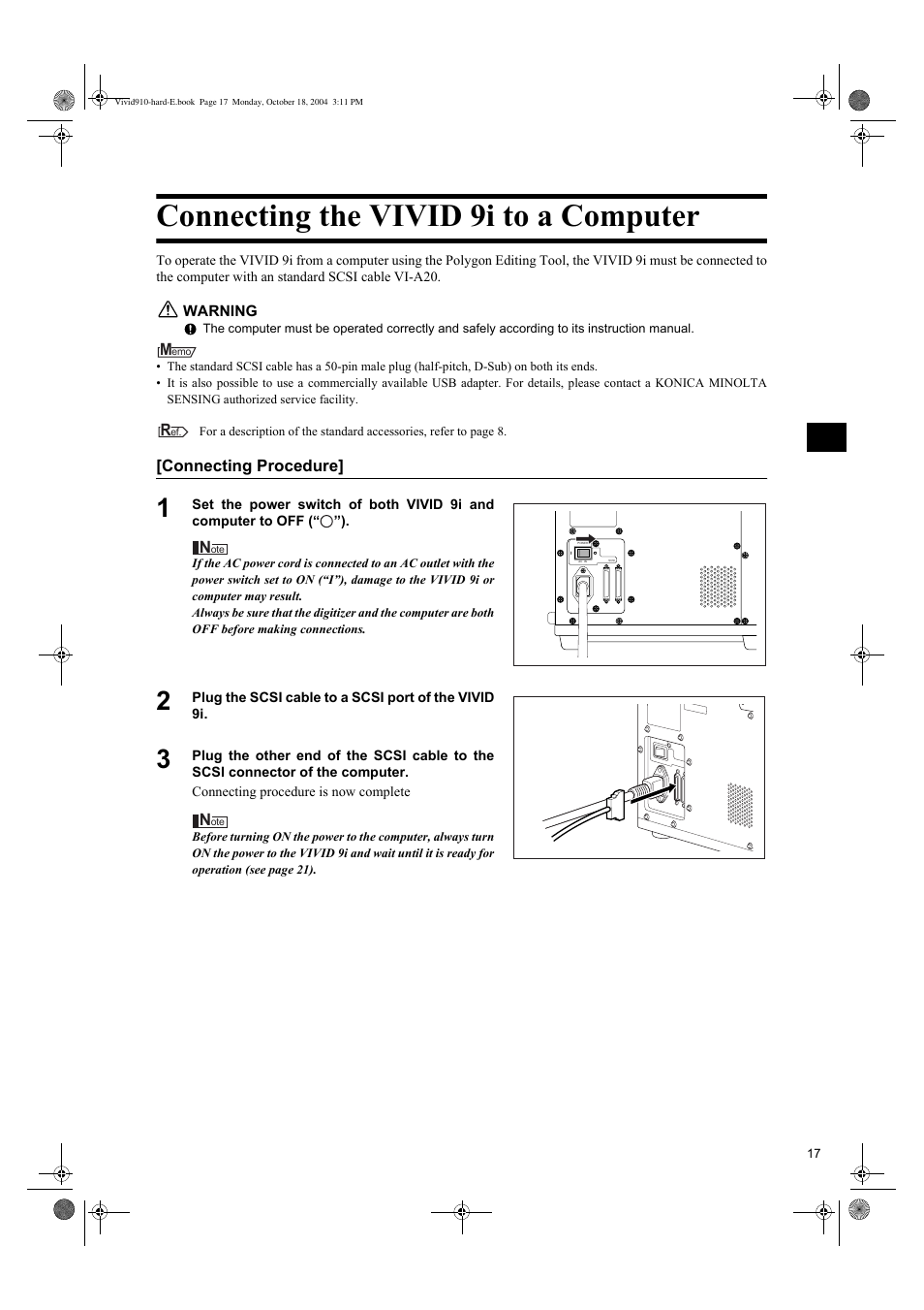 Connecting the vivid 9i to a computer | Konica Minolta NON-CONTACT 3D DIGITIZER VIVID 9i User Manual | Page 19 / 56
