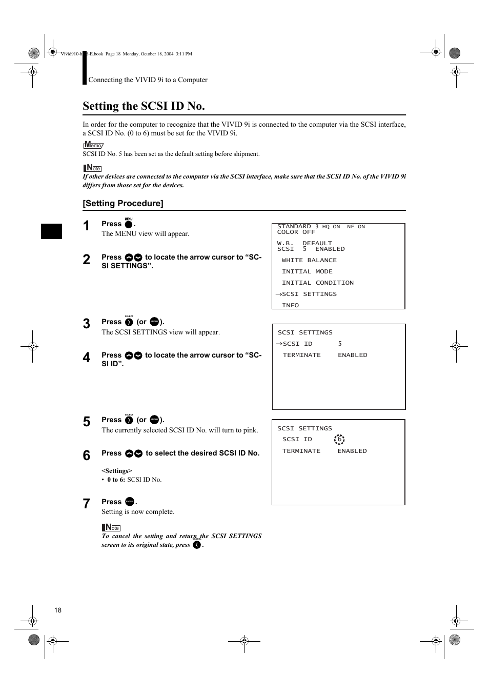 Setting the scsi id no | Konica Minolta NON-CONTACT 3D DIGITIZER VIVID 9i User Manual | Page 20 / 56