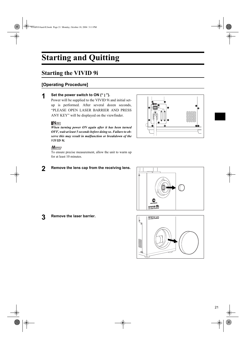 Starting and quitting, Starting the vivid 9i | Konica Minolta NON-CONTACT 3D DIGITIZER VIVID 9i User Manual | Page 23 / 56