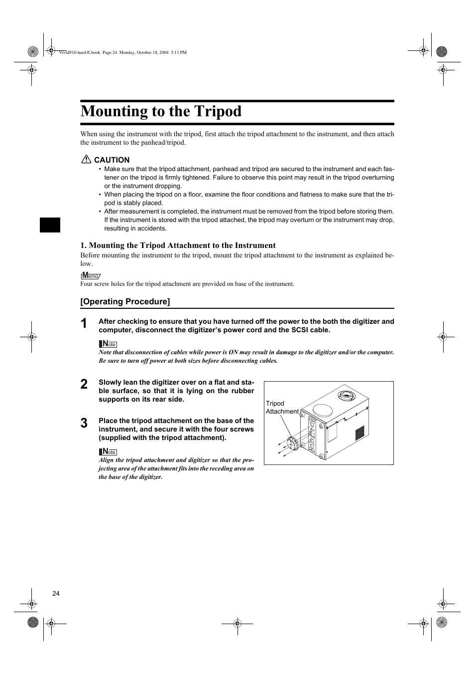 Mounting to the tripod | Konica Minolta NON-CONTACT 3D DIGITIZER VIVID 9i User Manual | Page 26 / 56