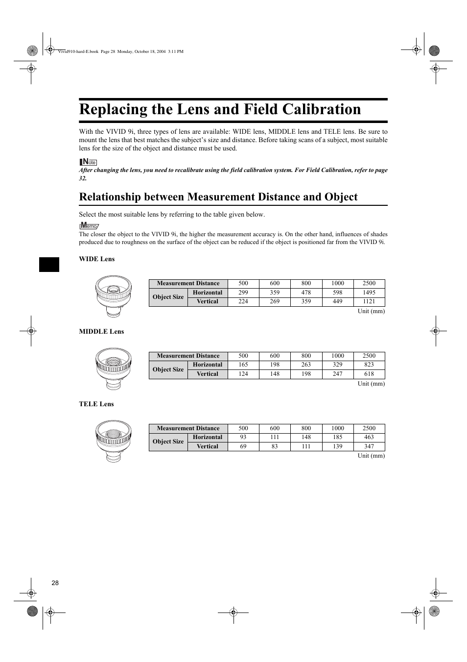 Replacing the lens and field calibration | Konica Minolta NON-CONTACT 3D DIGITIZER VIVID 9i User Manual | Page 30 / 56