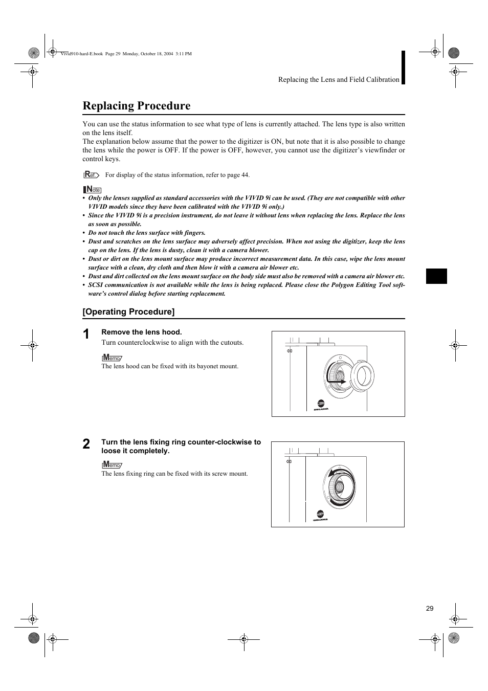 Replacing procedure | Konica Minolta NON-CONTACT 3D DIGITIZER VIVID 9i User Manual | Page 31 / 56