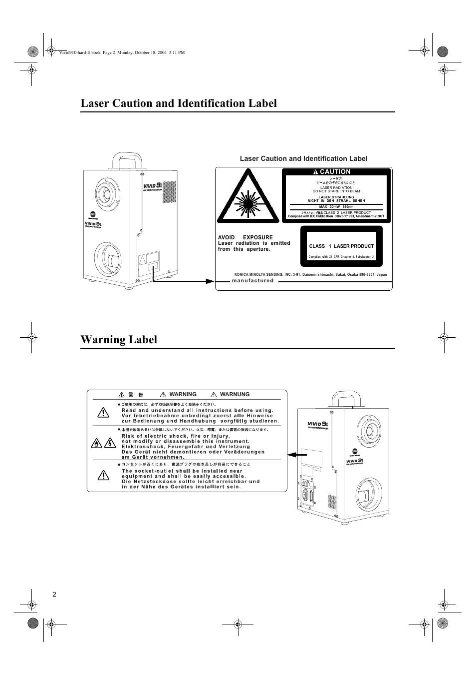 Laser caution and identification label | Konica Minolta NON-CONTACT 3D DIGITIZER VIVID 9i User Manual | Page 4 / 56