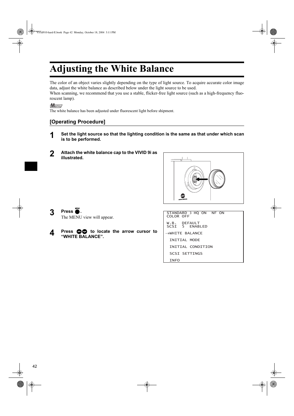 Adjusting the white balance | Konica Minolta NON-CONTACT 3D DIGITIZER VIVID 9i User Manual | Page 44 / 56