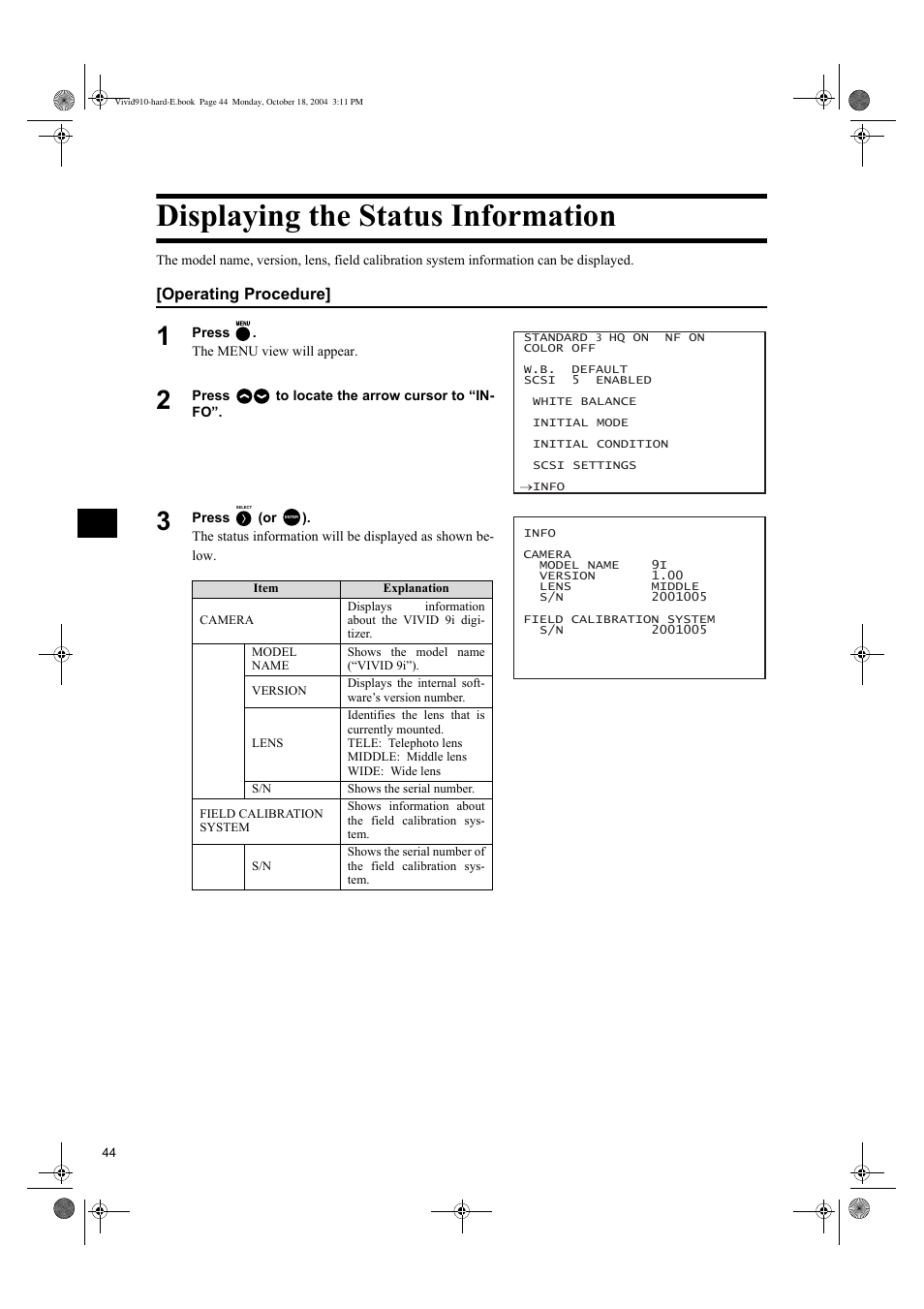 Displaying the status information | Konica Minolta NON-CONTACT 3D DIGITIZER VIVID 9i User Manual | Page 46 / 56