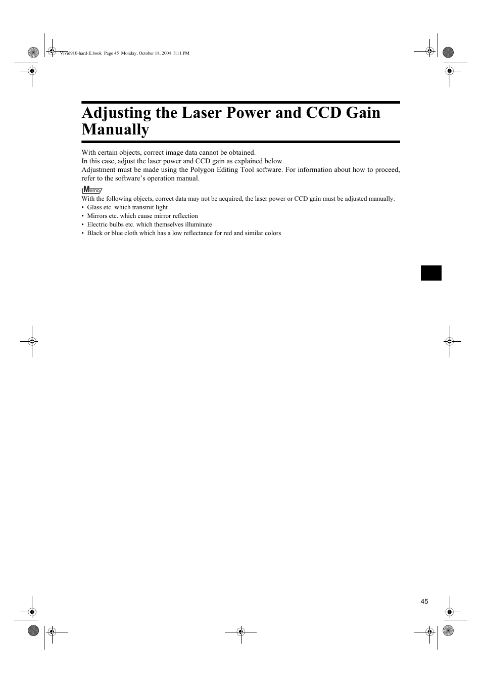 Adjusting the laser power and ccd gain manually | Konica Minolta NON-CONTACT 3D DIGITIZER VIVID 9i User Manual | Page 47 / 56