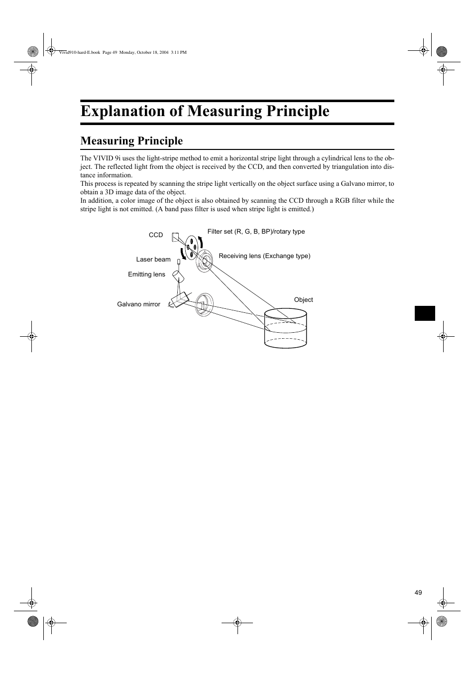 Explanation of measuring principle, Measuring principle | Konica Minolta NON-CONTACT 3D DIGITIZER VIVID 9i User Manual | Page 51 / 56