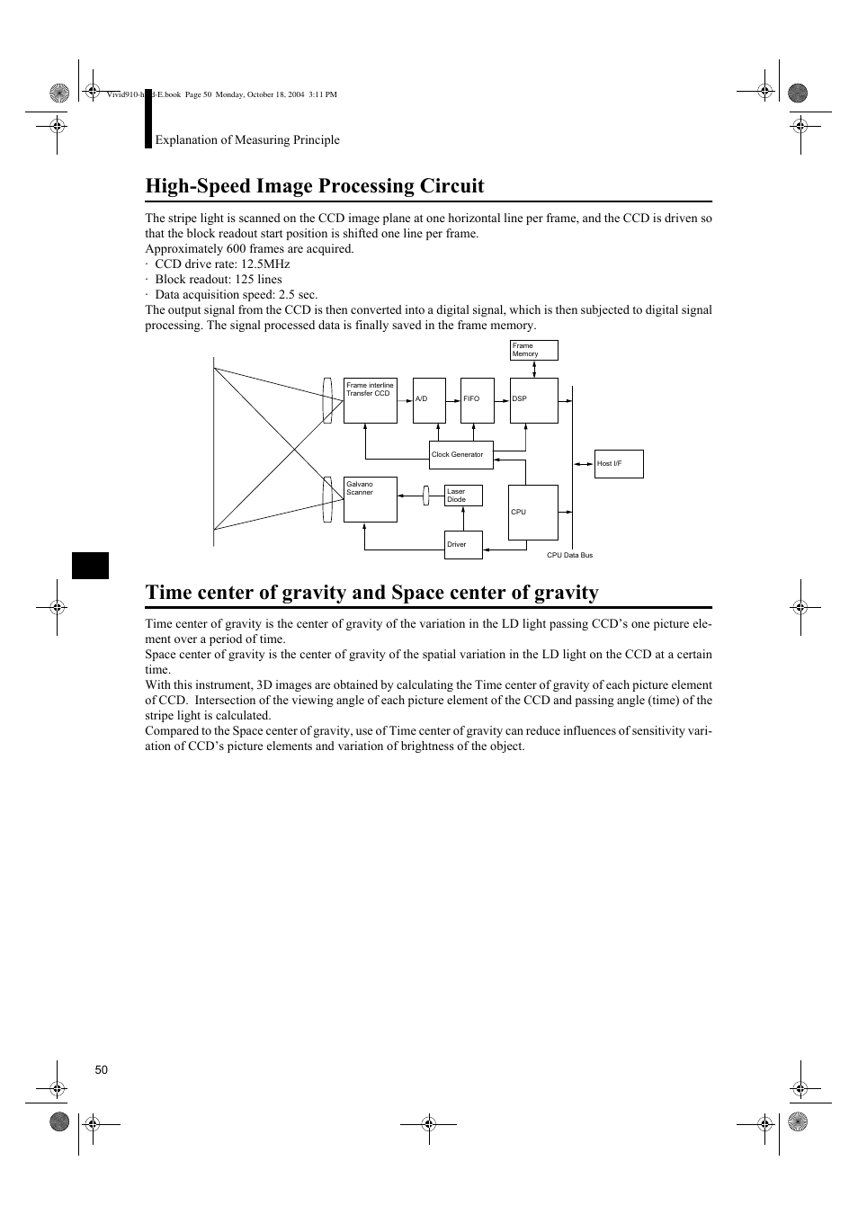High-speed image processing circuit, Time center of gravity and space center of gravity, Explanation of measuring principle | Konica Minolta NON-CONTACT 3D DIGITIZER VIVID 9i User Manual | Page 52 / 56