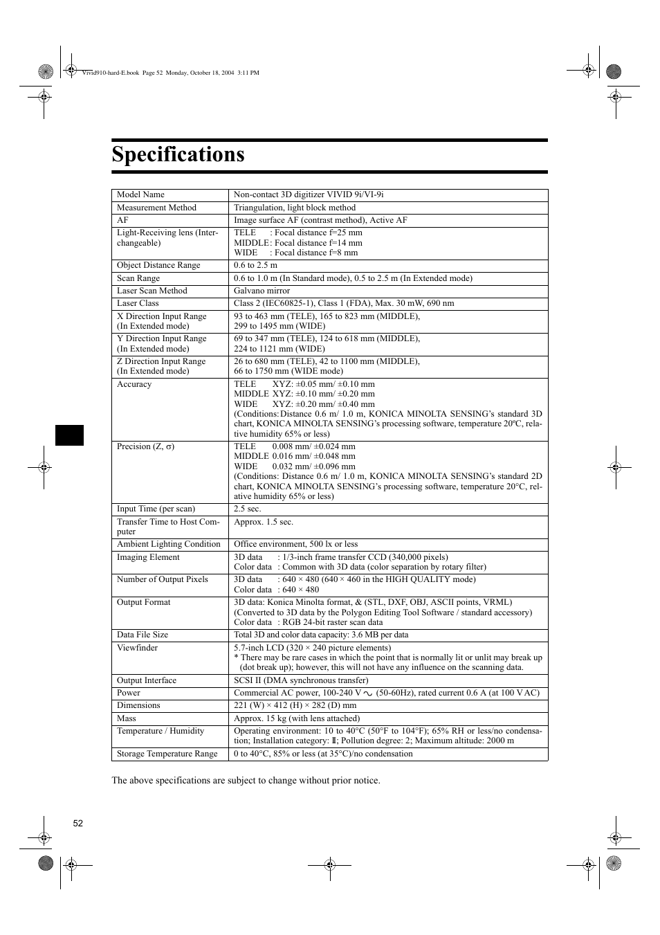 Specifications | Konica Minolta NON-CONTACT 3D DIGITIZER VIVID 9i User Manual | Page 54 / 56