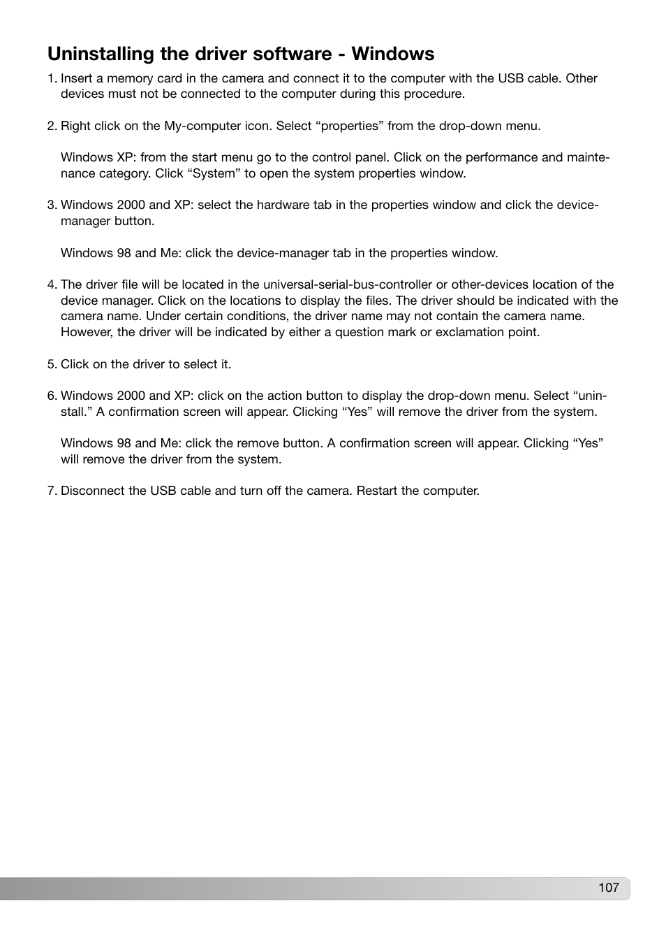 Uninstalling the driver software - windows | Konica Minolta 109678 User Manual | Page 107 / 124