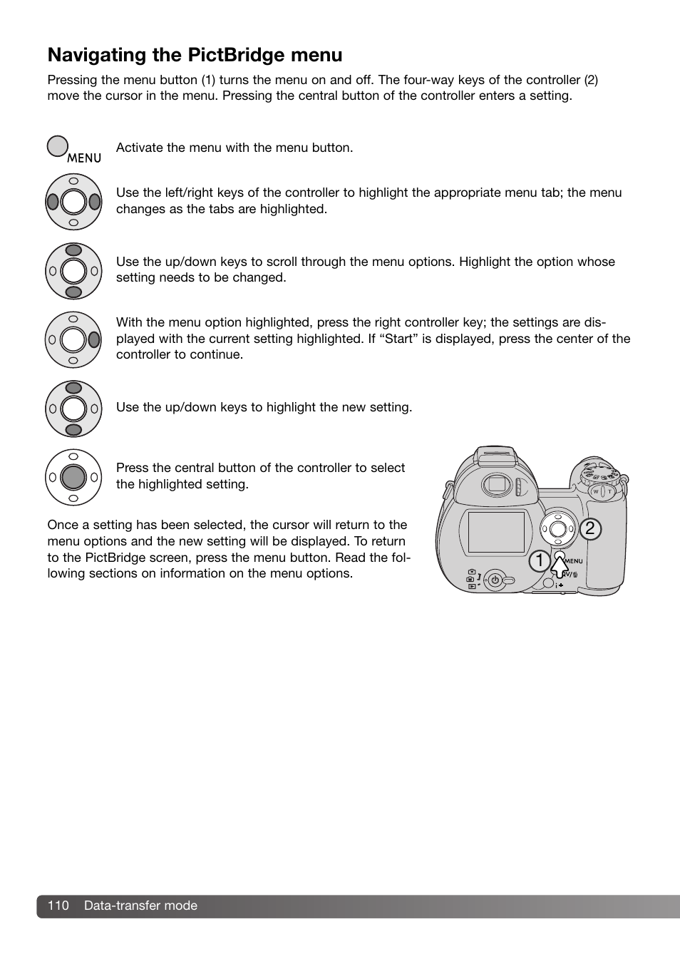 Navigating the pictbridge menu | Konica Minolta 109678 User Manual | Page 110 / 124