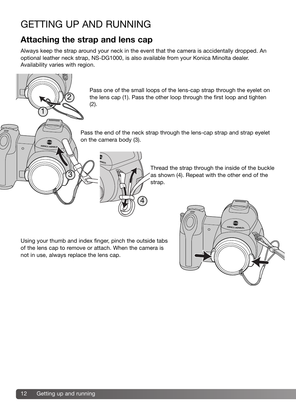 Getting up and running, Attaching the strap and lens cap | Konica Minolta 109678 User Manual | Page 12 / 124