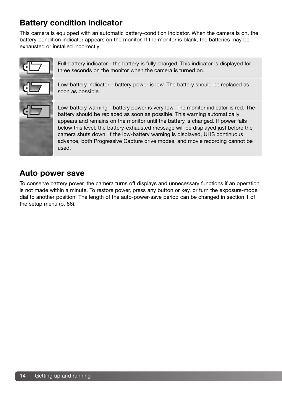 Battery condition indicator auto power save, Battery condition indicator, Auto power save | Konica Minolta 109678 User Manual | Page 14 / 124