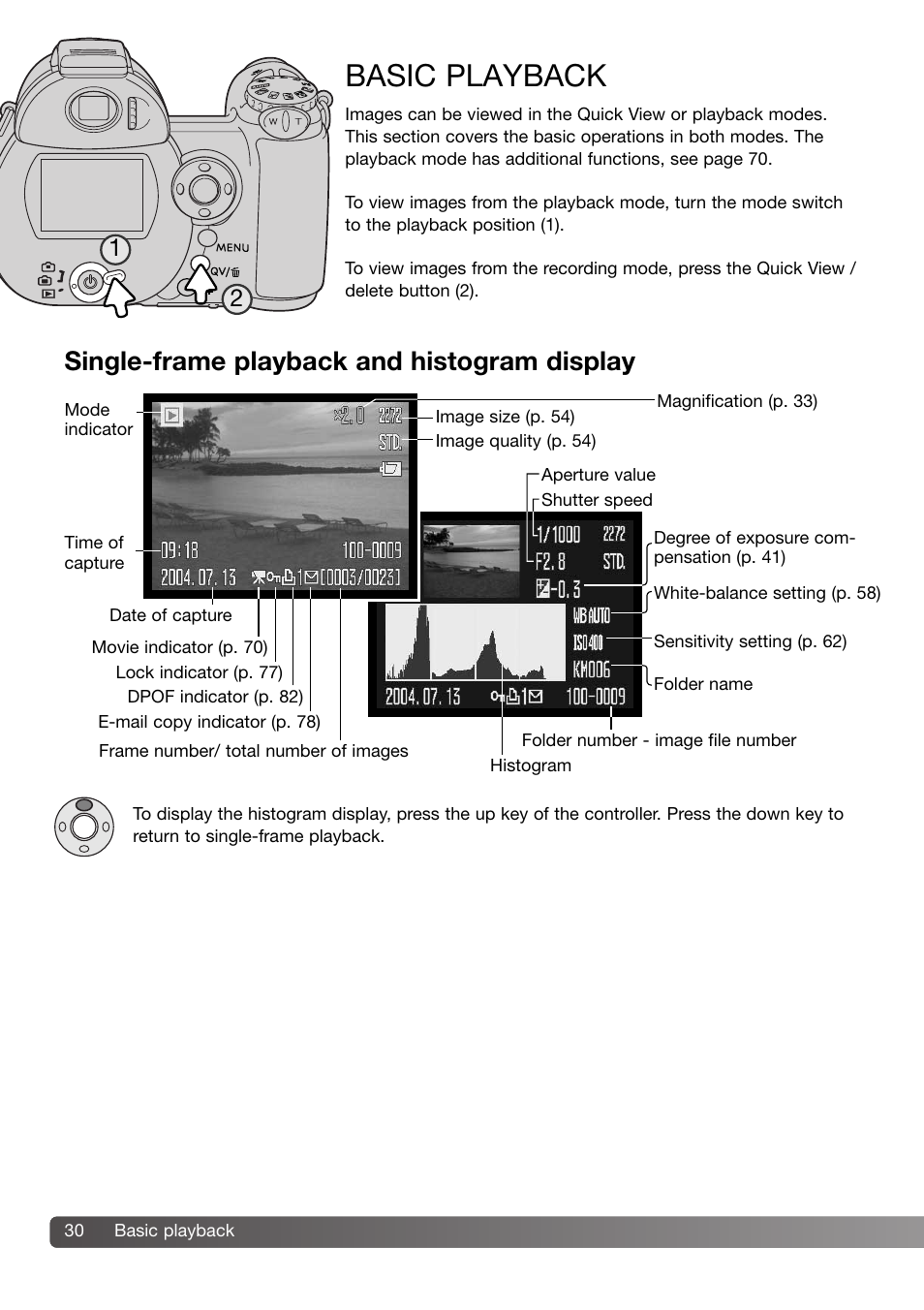 Basic playback, Single-frame playback and histogram display | Konica Minolta 109678 User Manual | Page 30 / 124