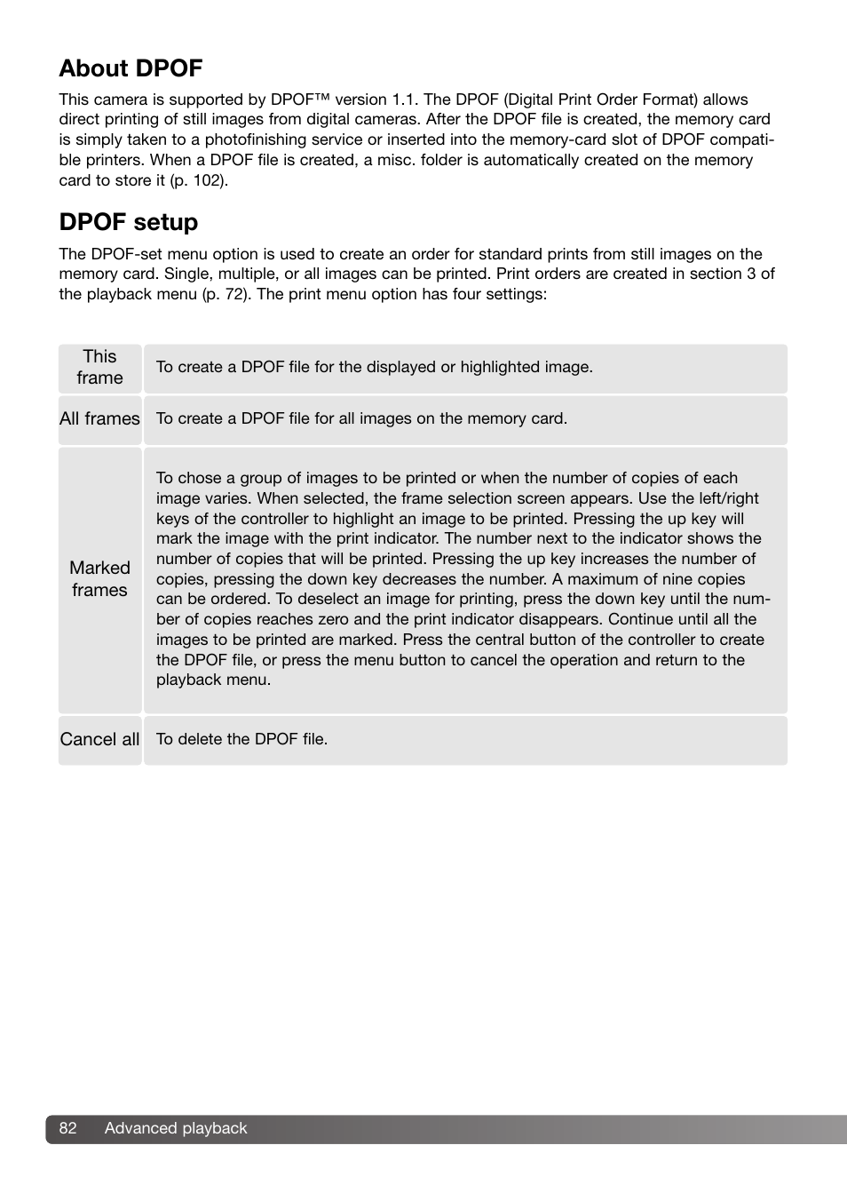 About dpof dpof setup, About dpof, Dpof setup | Konica Minolta 109678 User Manual | Page 82 / 124