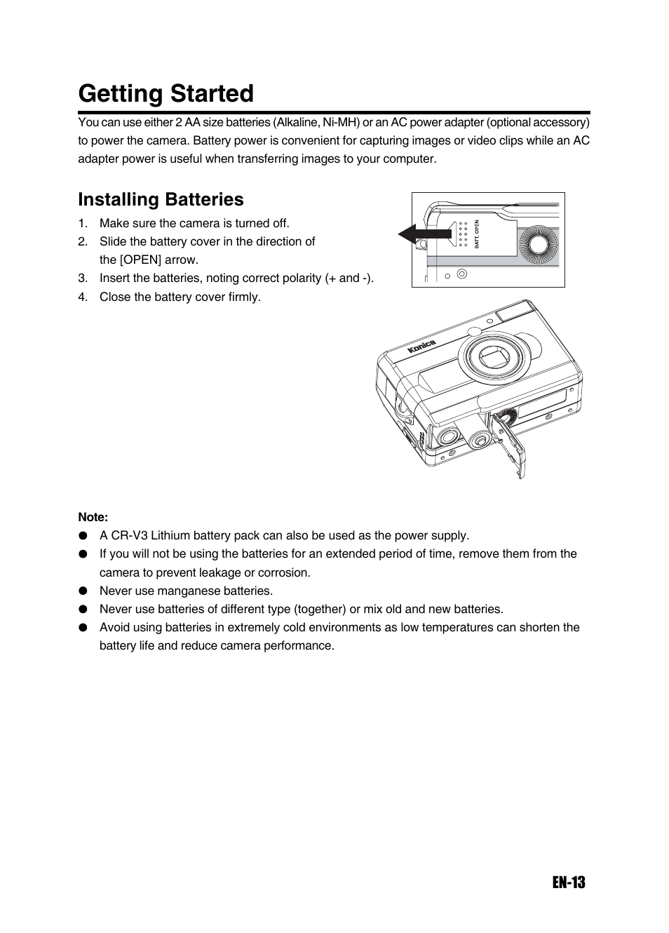 Getting started, Installing batteries | Konica Minolta Magicolor 3300 User Manual | Page 13 / 46