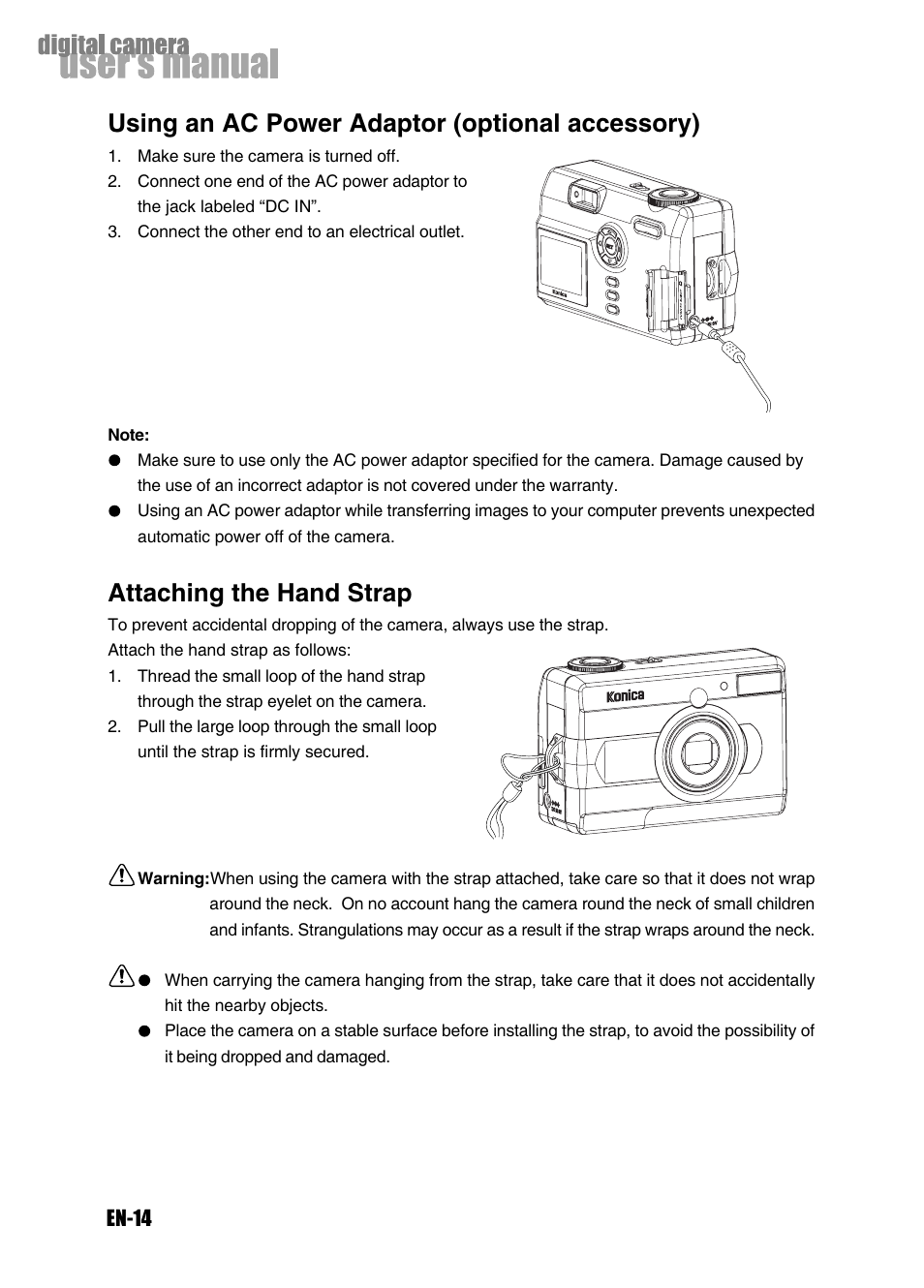 Using an ac power adaptor (optional accessory), Attaching the hand strap | Konica Minolta Magicolor 3300 User Manual | Page 14 / 46