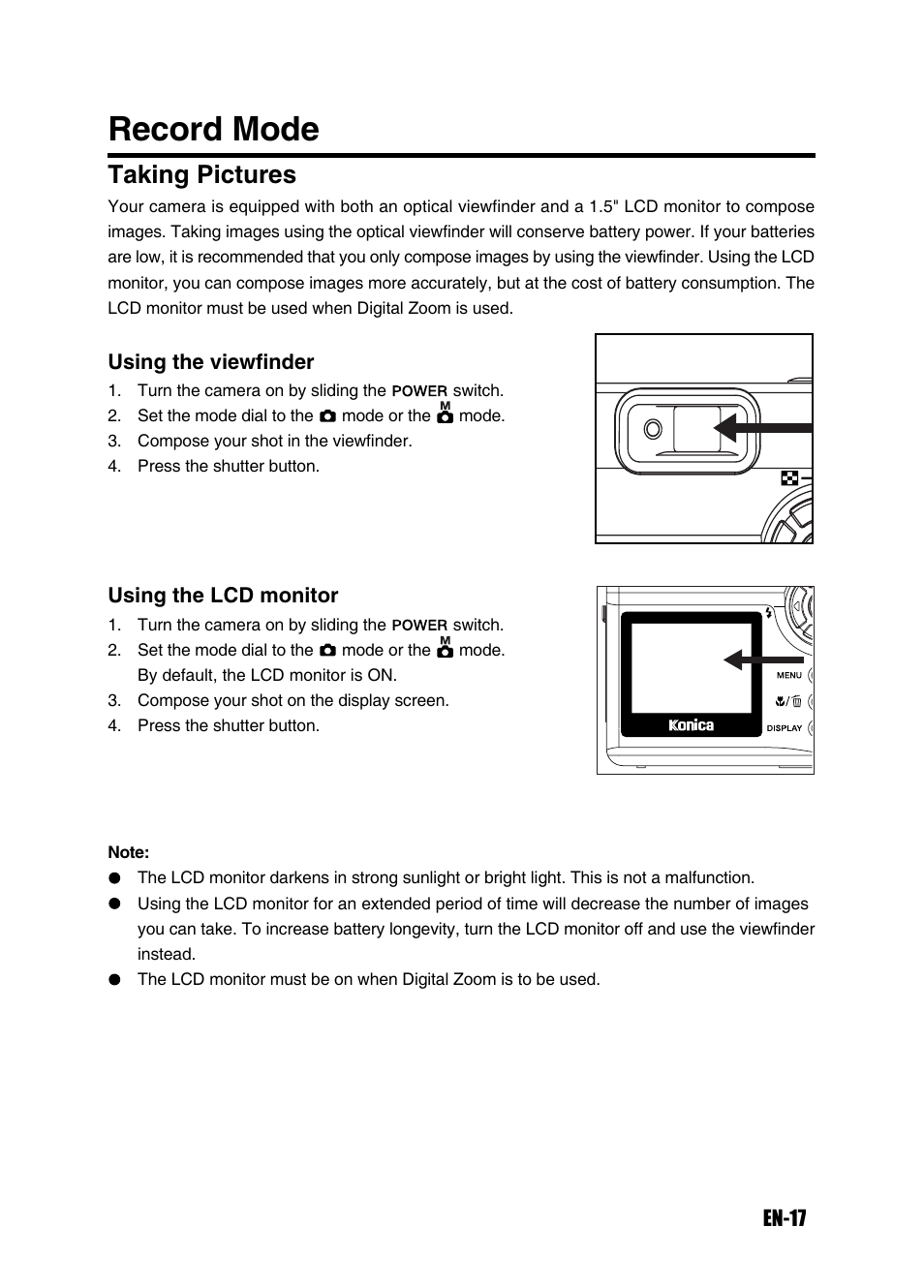 Record mode, Taking pictures | Konica Minolta Magicolor 3300 User Manual | Page 17 / 46