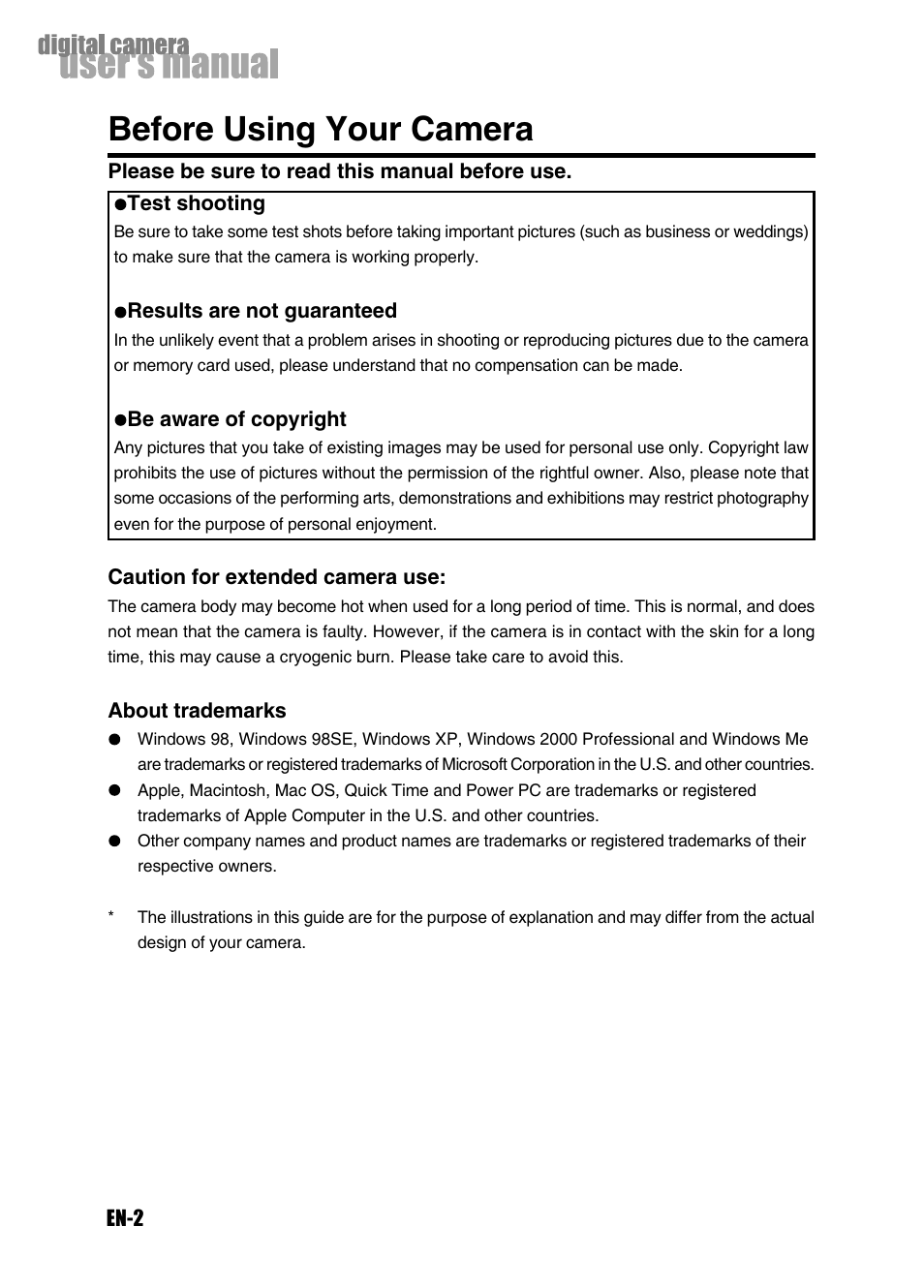Before using your camera | Konica Minolta Magicolor 3300 User Manual | Page 2 / 46