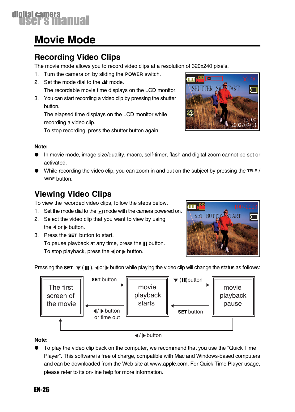 Movie mode, Recording video clips, Viewing video clips | Konica Minolta Magicolor 3300 User Manual | Page 26 / 46
