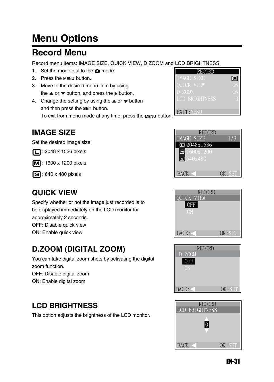 Menu options, Record menu, Image size | Quick view, D.zoom (digital zoom), Lcd brightness | Konica Minolta Magicolor 3300 User Manual | Page 31 / 46