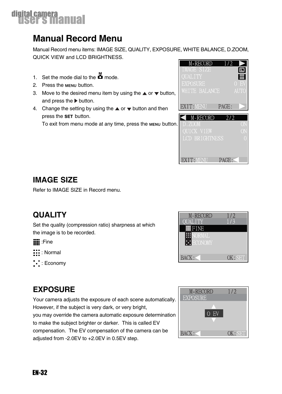 Manual record menu, Image size, Quality | Exposure | Konica Minolta Magicolor 3300 User Manual | Page 32 / 46