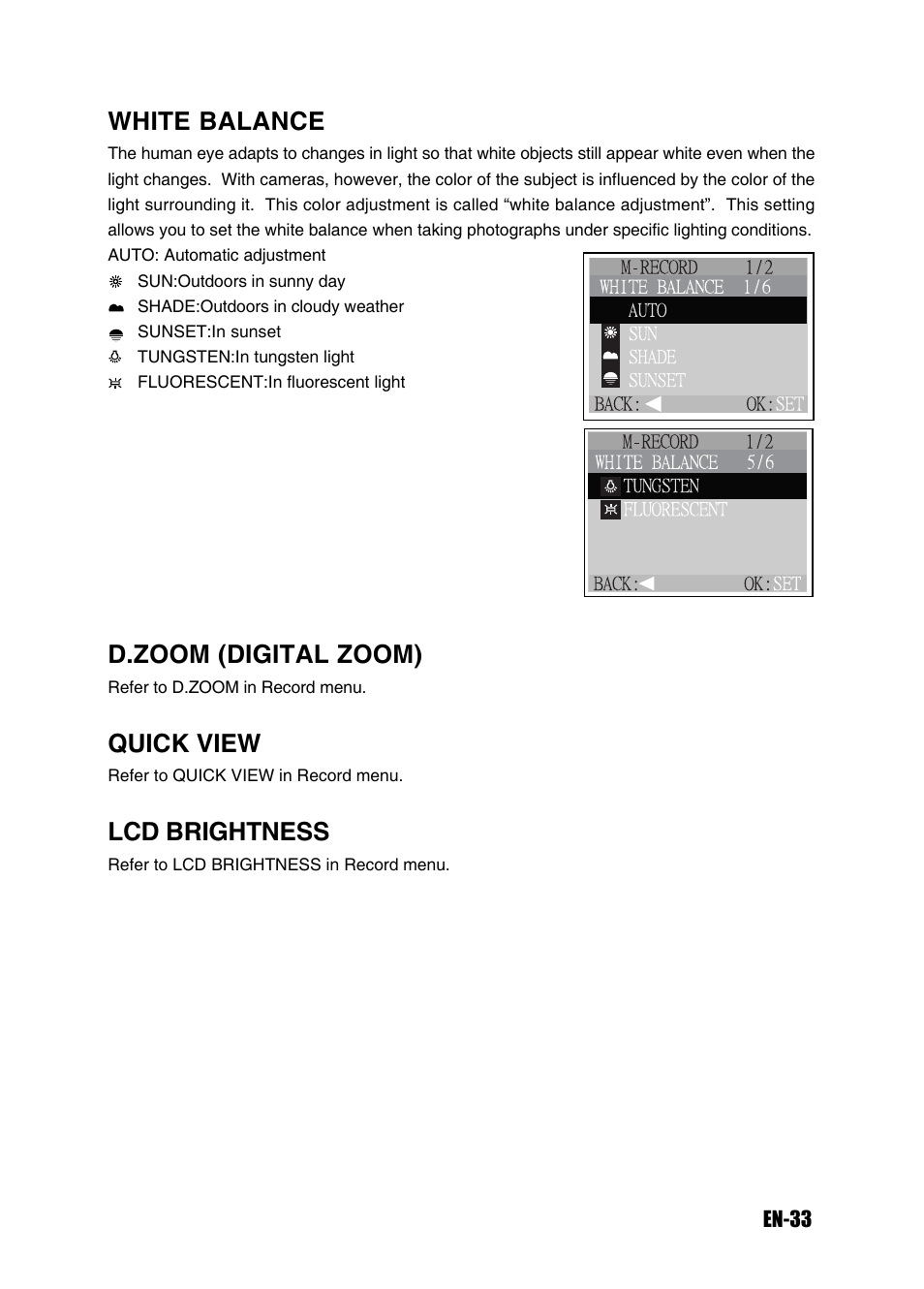 White balance, D.zoom (digital zoom), Quick view | Lcd brightness | Konica Minolta Magicolor 3300 User Manual | Page 33 / 46