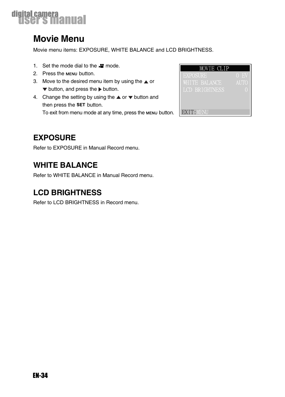 Movie menu, Exposure, White balance | Lcd brightness | Konica Minolta Magicolor 3300 User Manual | Page 34 / 46