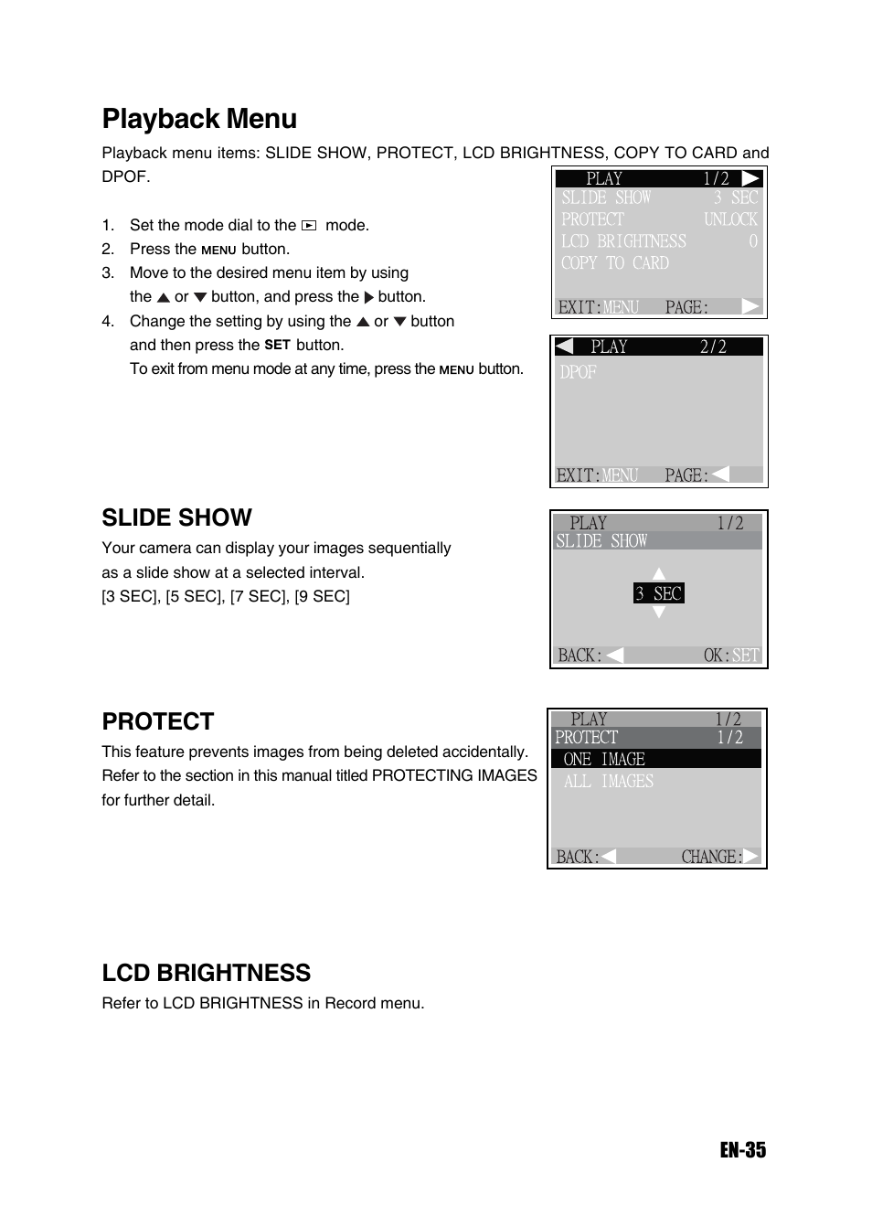 Playback menu, Slide show, Protect | Lcd brightness | Konica Minolta Magicolor 3300 User Manual | Page 35 / 46