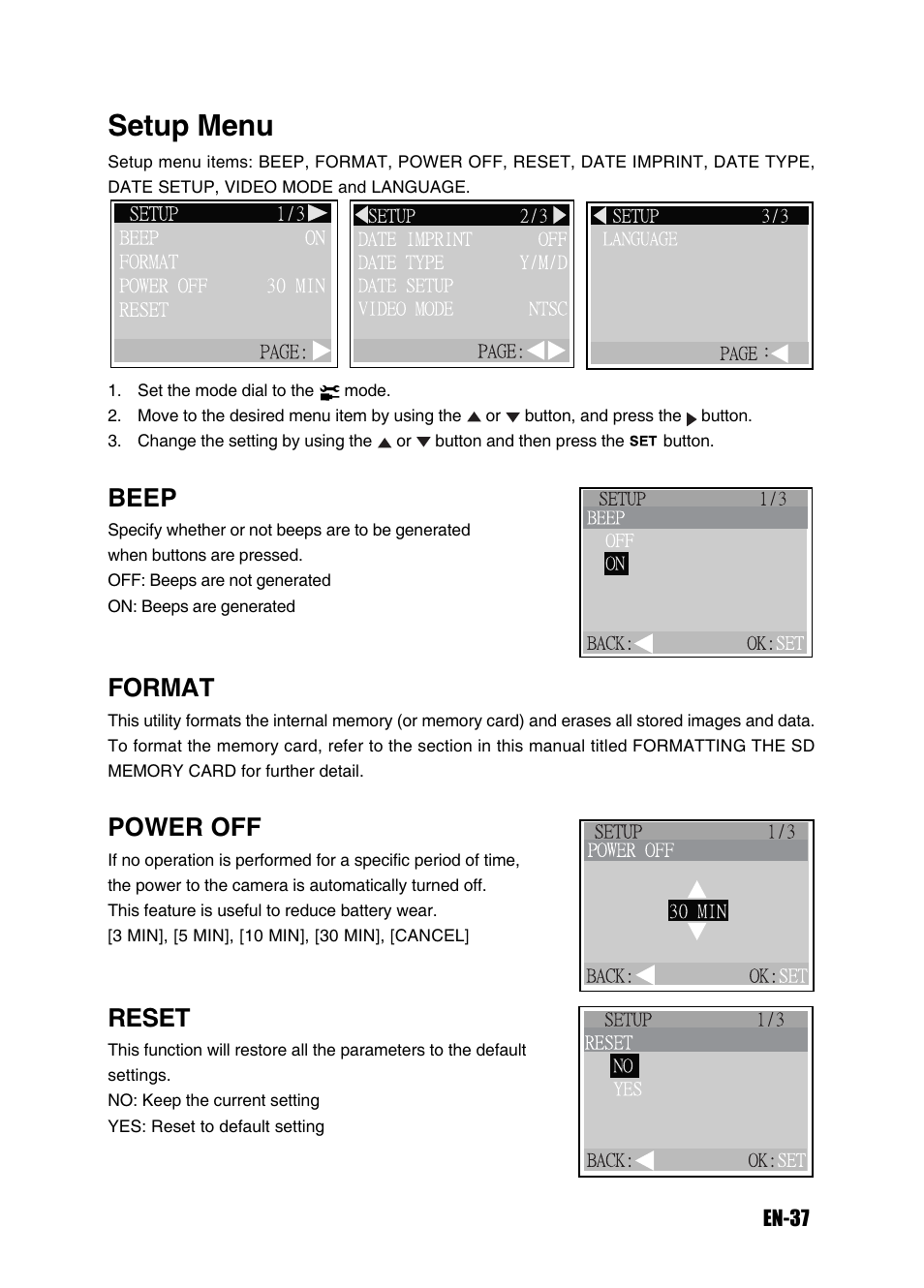 Setup menu, Beep, Format | Power off, Reset | Konica Minolta Magicolor 3300 User Manual | Page 37 / 46